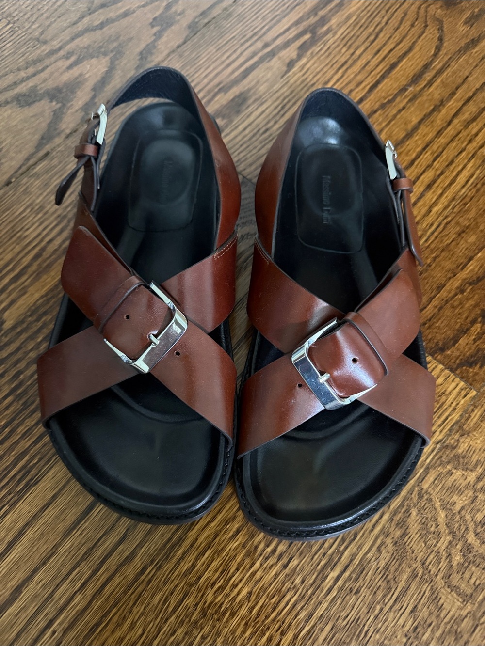 Rare Massimo Dutti Brown Leather Cross-Strap Sandals with Silver Buckles